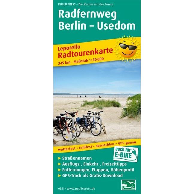 PUBLICPRESS Leporello Radtourenkarte Radfernweg Berlin - Usedom, Landkarte