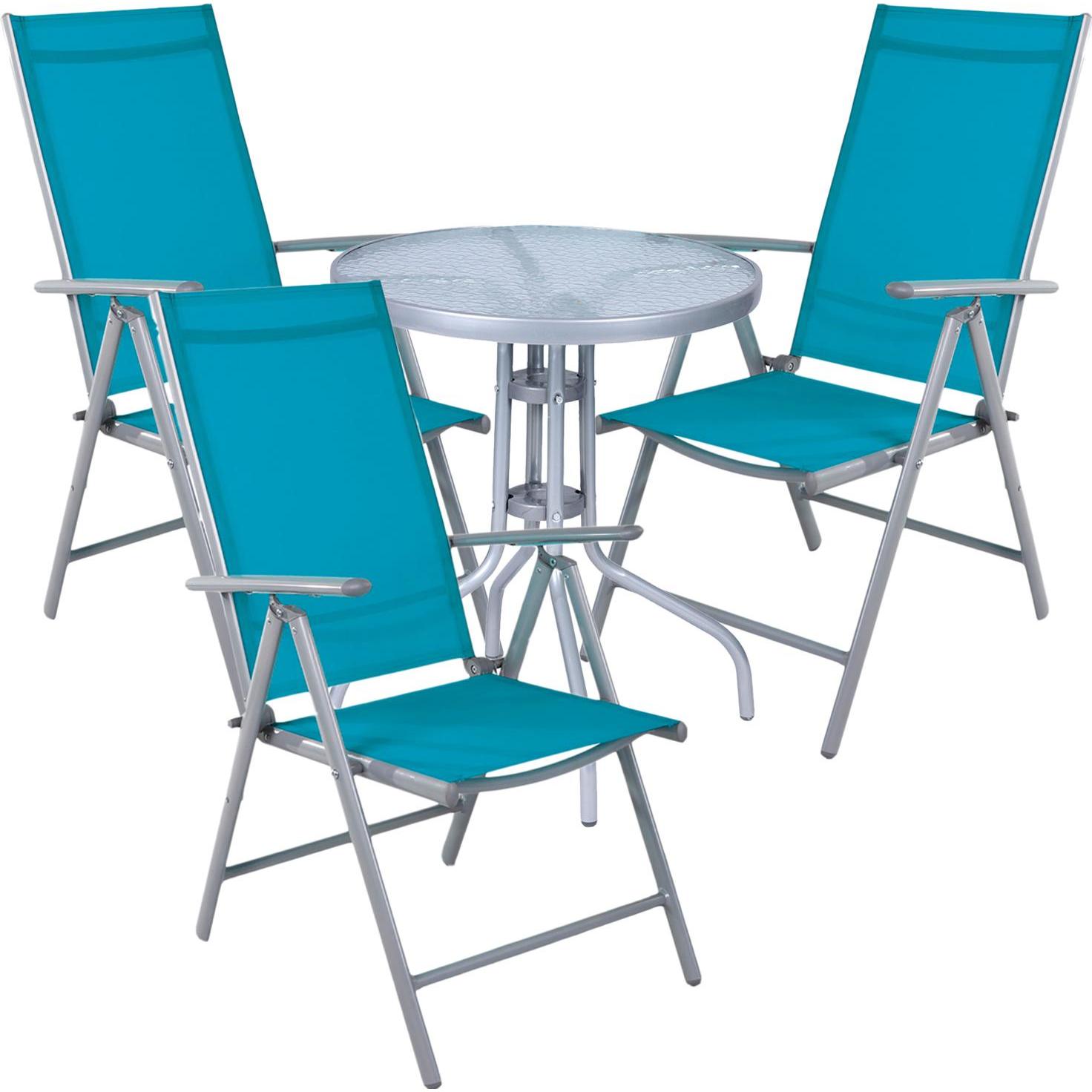 Thumbnail - Mojawo, Gartentisch + Balkontisch, Bistro Sitzgarnitur Bistrogarnitur 4-teilig Silbergrau / Petrol (60 cm)