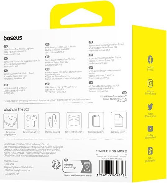 Image du produit Baseus Bowie E16 Kopfhörer True Wireless Earphones im Ohr Anrufe/Musik USB Typ-C Bluetooth Blau (6 h, Sans fil)