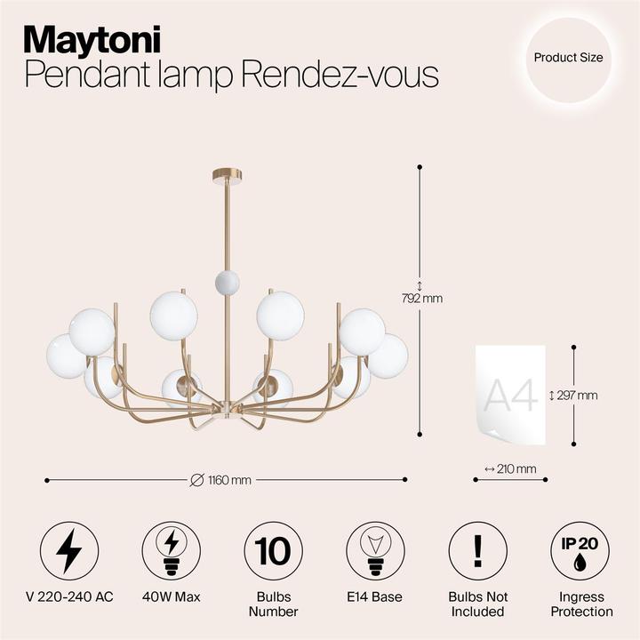 Produktbild Maytoni Rendez-vous Pendelleuchte, Hängeleuchte 10x E14 Messing Weiss Glas (E14)