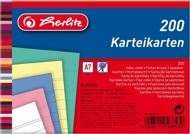 Produktbild Herlitz Karteikarten, DIN A7, liniert, farbig sortiert aus Papier, 170 g/qm, holzfrei, Linienfarbe: blau (A7, 175 g/m², 200 x)
