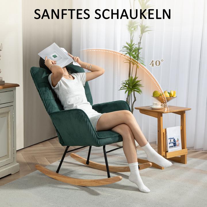 Image du produit Homcom Schaukelstuhl Kord (100% Polyester), Buchenholz, Stahl, Schaumstoff Dunkelgrün