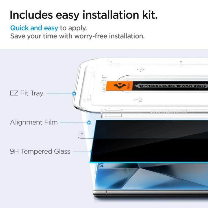 Productafbeelding Spigen Galaxy S24 Ultra Glazen Screen Protector EZ Fit GLAS.tR Privacy 2PCS (2 Stuk, Samsung Galaxy S24 Ultra)