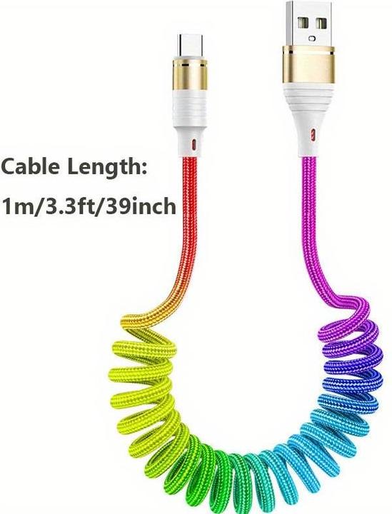 Immagine prodotto PhoneLook Cavo elastico da USB-A a USB-C in nylon intrecciato multicolore arcobaleno (1 m, USB 3.2 Gen 1)