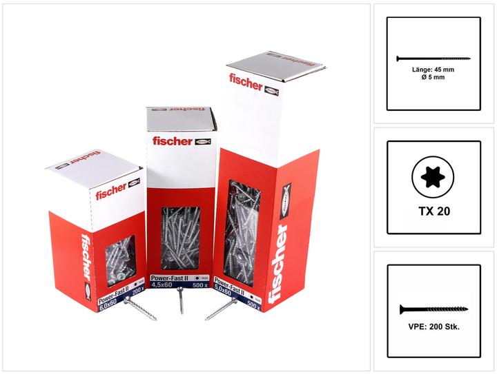 Actual product image Fischer Power-Fast II FPF II chipboard screw 5,0x45 mm 200 pieces ( 670374 ) countersunk head with Torx Te (200 Screws per piece)