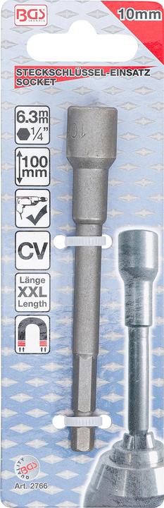 Produktbild BGS Steckschlüssel-Einsatz Sechskant, extra lang für Bohrmaschinen 6,3 mm (1/4") SW 10 mm (10 mm)