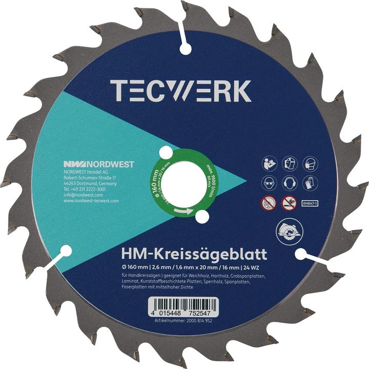 Tecwerk Handkreissägeblatt Aussen-Ø 190 mm Zähnezahl 36 WZ Bohrung 30 mm Schnittbreite 2,6 mm