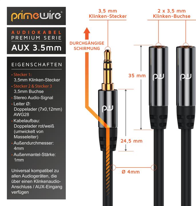 Image du produit Primewire Adaptateur audio jack 3,5 mm vers 2x jack 3,5 mm, 15 cm, audio stéréo AUX vers adaptateur Y 2x jack (0.15 m, Jack 3,5 mm (AUX))