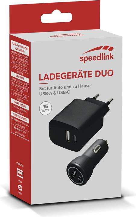 Produktbild Speedlink Wall & Car Charger Set USB-A & USB-C 15W, black (15 W)
