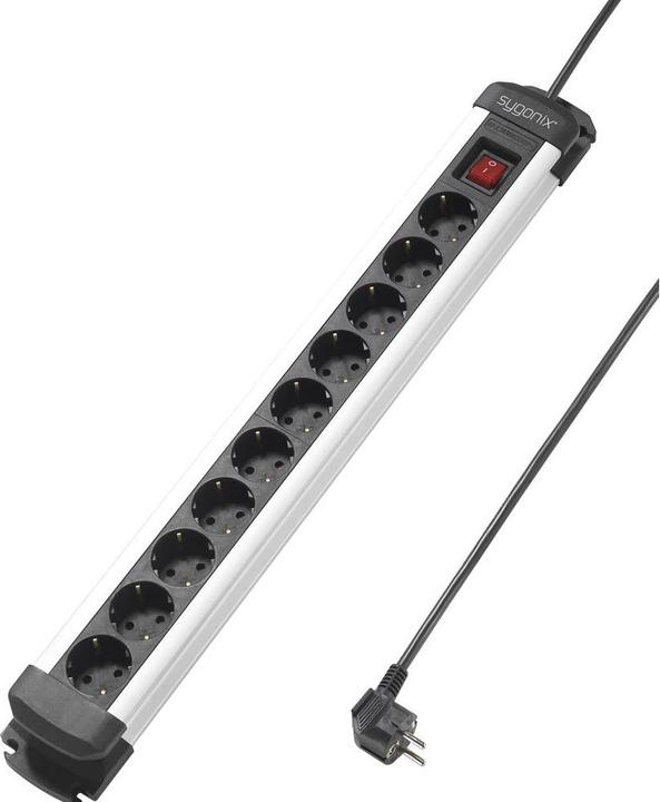 Actual product image Sygonix SY-4538266 Multiple socket outlet with switch 10-way black, silver earthing contact 1 pc. (10 x, CEE 7/3, 1.40 m)