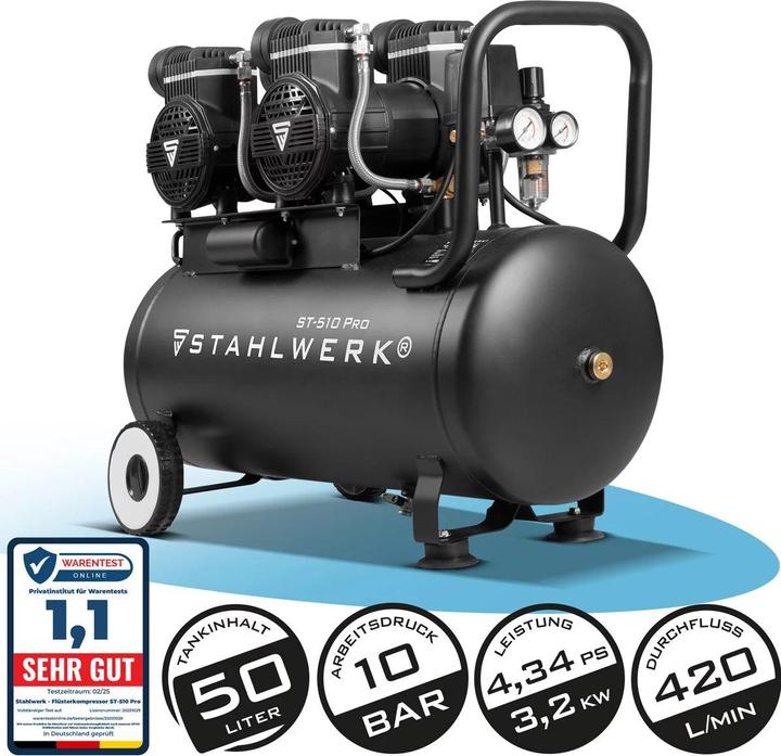Immagine prodotto Stahlwerk Compressore ST-510 Pro 10 bar 4,3 hp 3,2 kW 420 l/min 50 l serbatoio senza olio (10 bar, 50 l)