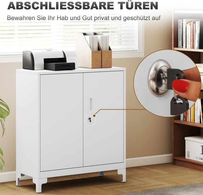 Produktbild Swisshandel24 Büroschrank aus Metall, verschliessbare Türen, Bürokommode, 2-stufiges Design, Weiss (80 x 35 x 91 cm)
