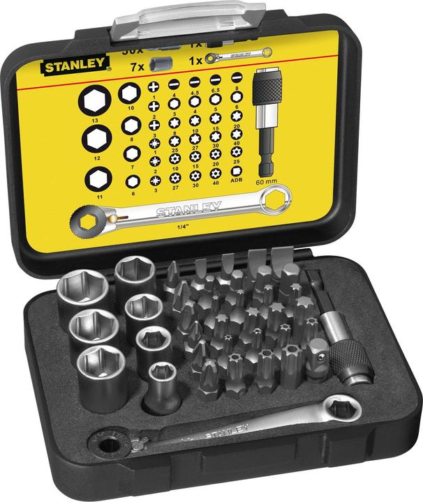 Produktbild Stanley 1/4" BitSatz, 25 mm, mit Knarrenschlüssel und Steckschlüsseln, 39teilig (Innensechsrund TX)