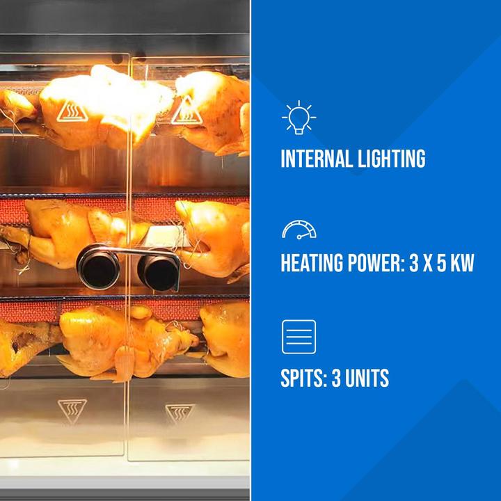 Produktbild Royal Catering Gas-Hähnchengrill 3 Spiesse mit Beleuchtung 3 x 5 kW Edelstahl / gehärtetes Glas (15 kW)
