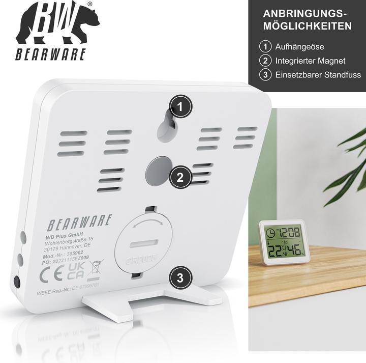 Immagine prodotto Bearware Thermometer & Hygrometer, Temperatur, Luftfeuchtigkeit & Uhrzeit, Innenwetterstation, Magnethalter