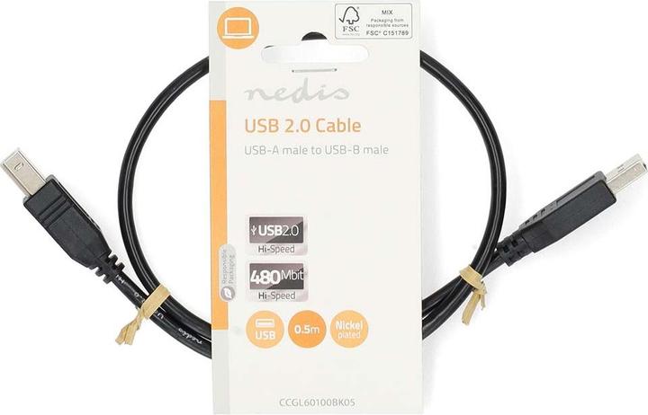 Produktbild Nedis USB-Kabel | USB 2.0 | USB-A Stecker | USB-B Stecker | 10 W | 480 Mbps | Vernickelt | 0.50 m | (0.50 m, USB 2.0, 10 W)
