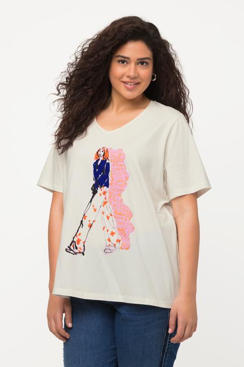 Image du produit Ulla Popken T-shirt oversize à col en V et manches courtes, motif femmes (50, 52)