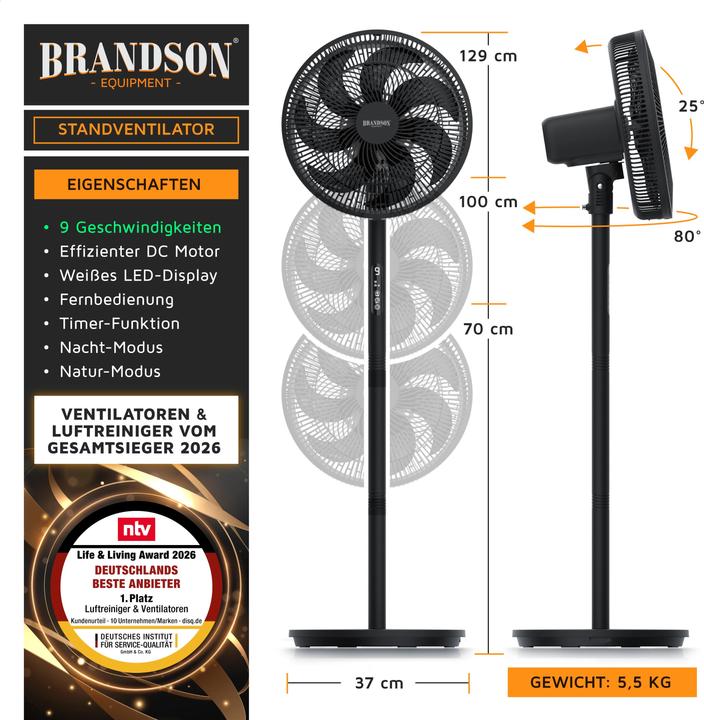 Produktbild Brandson Standventilator DC-Motor, leise, Oszillation, Fernbedienung, 30 W, 9 Geschwindigkeitsstufen (29.70 dB)
