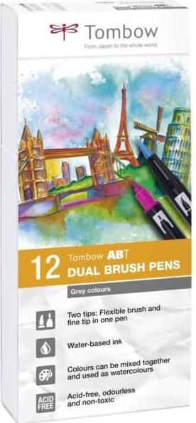 Actual product image Tombow ABT Dual Brush Pen, shades of grey (Black grey, 12 x)