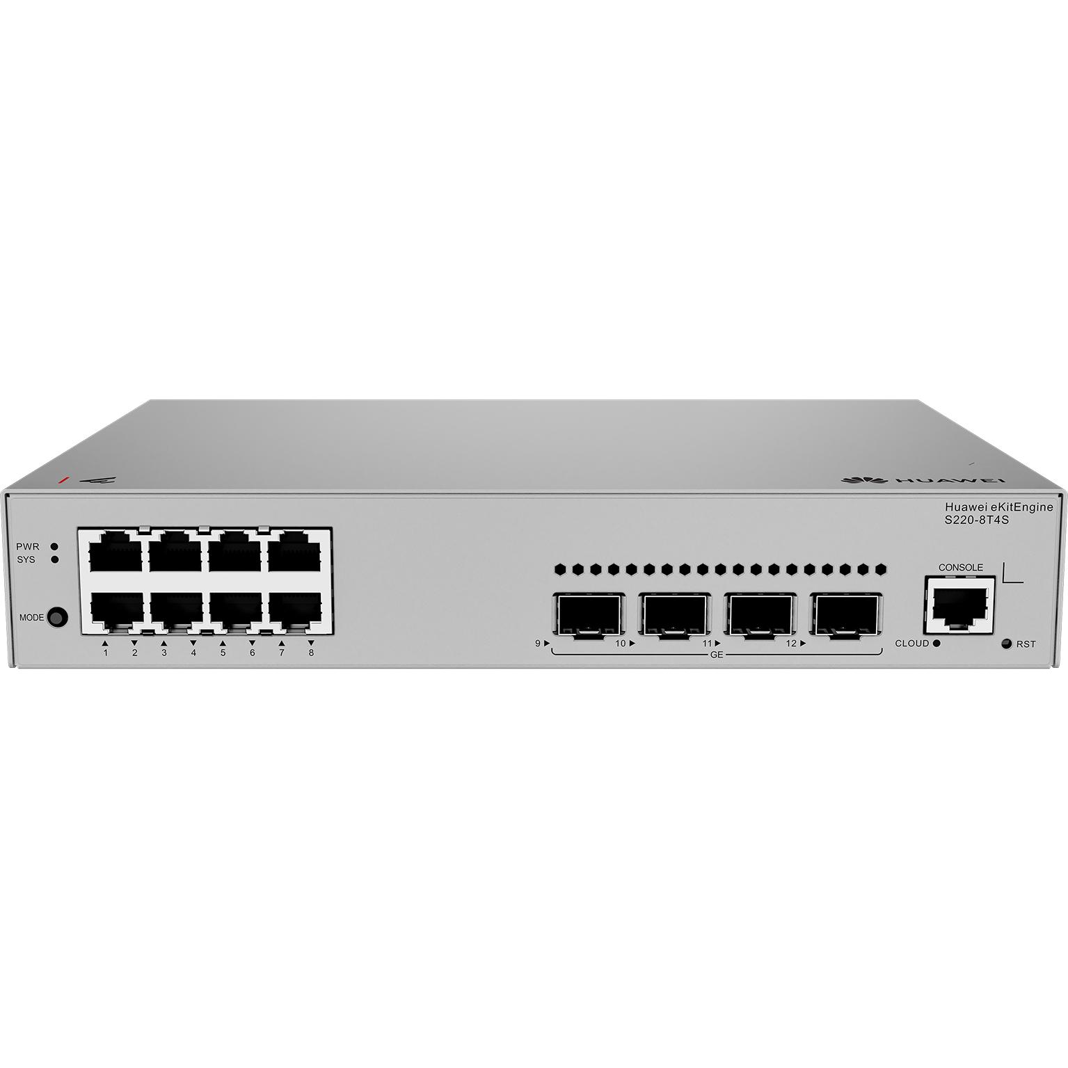 Thumbnail - Huawei S220-8T4S 8x10/100/1000BASE-T ports 4xGE SFP ports AC power eKit (8 Ports), Netzwerk Switch, Grau