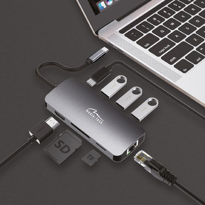 Actual product image Media-Tech 8 in 1 USB-C HUB PRO - Daugiafunkcinis USB-C hub, 3xUSB-A 3.0, 1xUSB-C PD, RJ45 LAN, HDMI 4K jungty (USB-C, 8 ports)