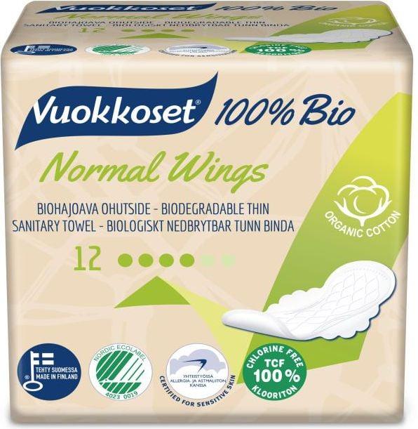 Vuokkoset Damenbinden mit Flügeln Normal 100 % Bio, 12 Stk. (12 x)