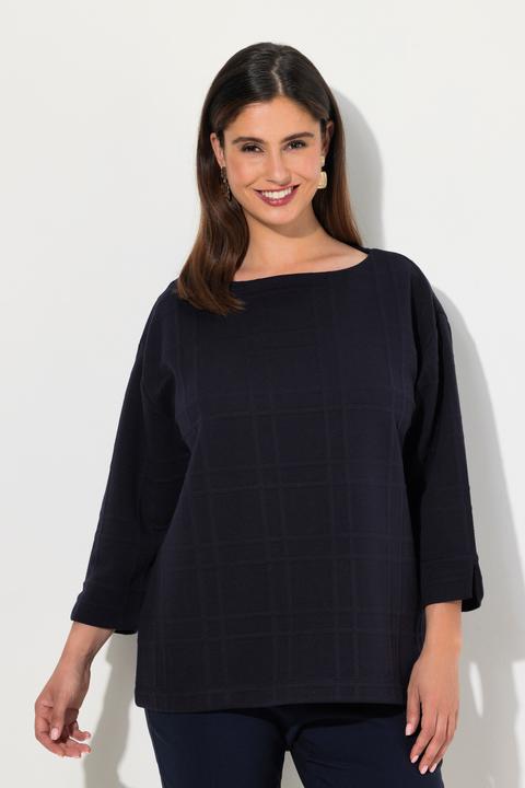 Actual product image Ulla Popken Textured Grid Check 3/4 Sleeve Boat Neck Sweatshirt (46, 48)