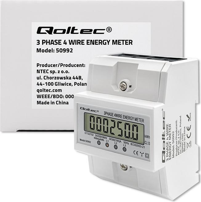 Productafbeelding Qoltec Driefasige elektronische meter DIN rail 400V 100