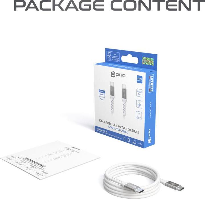 Immagine prodotto prio Cavo di ricarica e dati da USB C a USB C 2.0 m bianco (2 m, USB 2.0, 100 W)