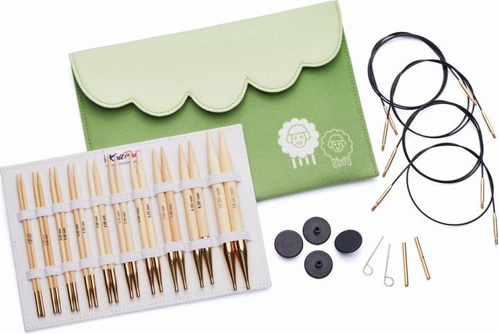 Knitpro Nadelset Deluxe auswechselbare Nadelspitzen bamboo Bambus 10 Paar 3,00 - 10,00 mm + Zubehör grüne St