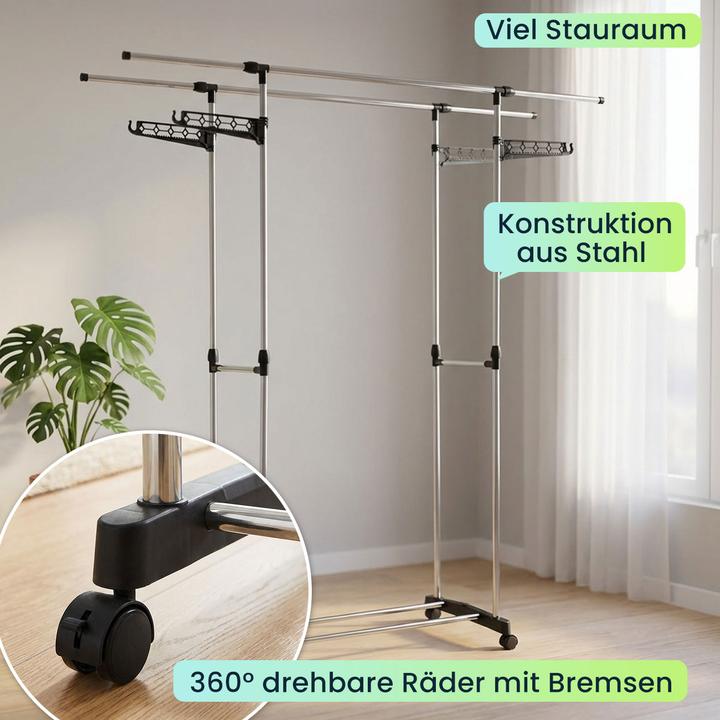 Produktbild Ideoon Mobiler Kleiderständer mit Doppel-Kleiderstange, ausziehbar & höhenverstellbar - Garderobenständer m