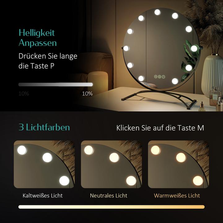 Immagine prodotto Emke Miroir cosmétique rond style Hollywood avec 11 lampes, grossissement 1X+7X, 3 couleurs de lumière, 4