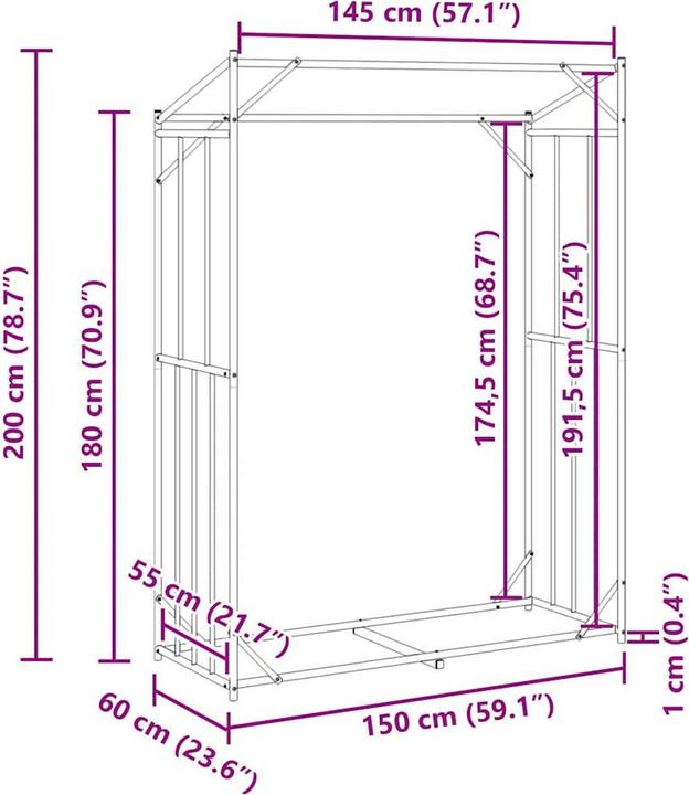 Actual product image VidaXL Firewood rack with rain protection 100x40x200 cm Galvanised steel (100 x 40 x 200 cm)