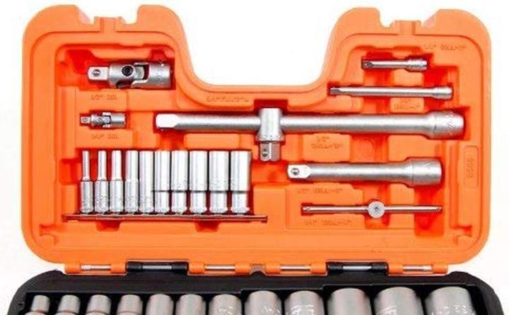 Produktbild Bahco 1/4"- und 1/2"-Steckschlüssel-Satz, metrisch, Doppelsechskant, inklusive Umschaltknarre mit schla (1/2", 1/4")