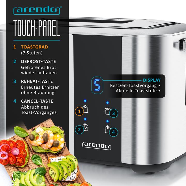 Image du produit Arendo Toaster 2 Scheiben Edelstahl, Doppelwand, Brötchenaufsatz, Krümelschublade, Touchdisplay, 850 W
