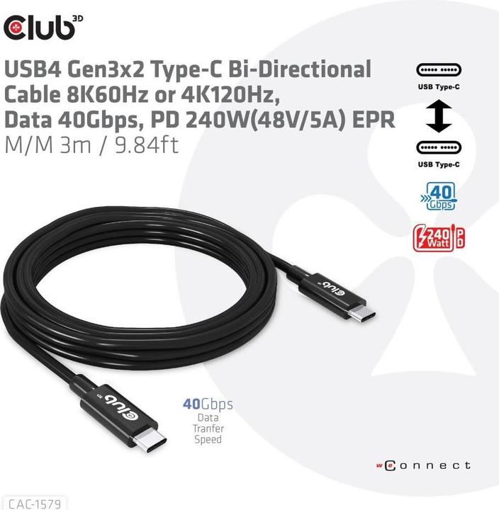 Produktbild Club 3D USB C — USB C (3 m, USB 4.0, 240 W)