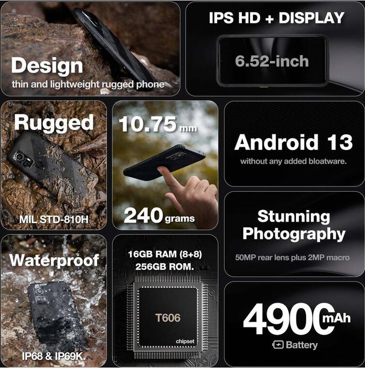 Actual product image Bea-Fon AGM MOBILE H6 Rugged smartphones (256 GB, Black, 6.56", Hybrid Dual SIM, 50 Mpx, 4G)