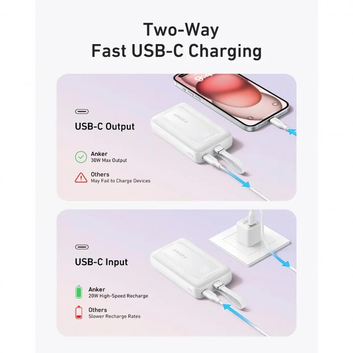 Image du produit Anker Power bank Power Bank, Built-In USB-C Cable, 30W | A1688H21 | 10000 mAh | White (10000 mAh, 30 W)
