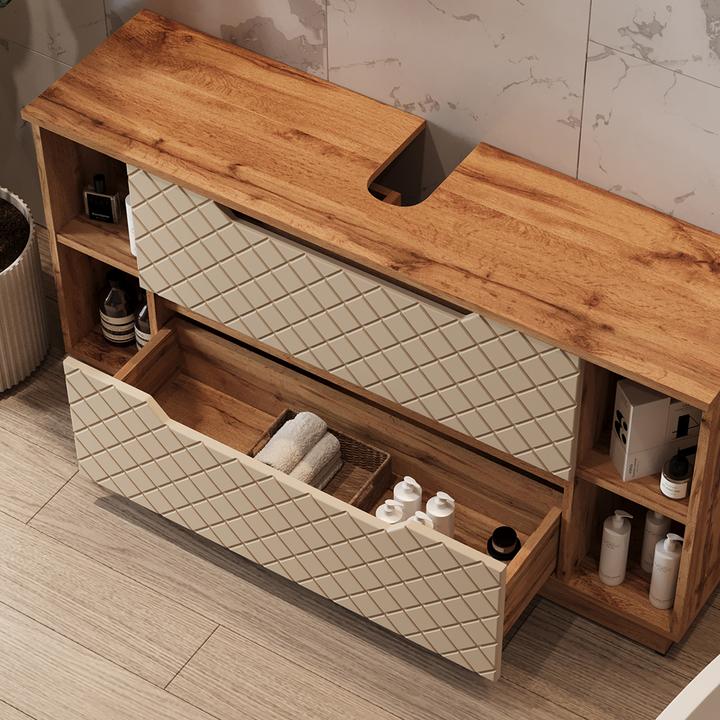 Actual product image Vicco Waschbeckenunterschrank Lotta, Eiche/Kaschmir mit Kachelstruktur, 119.2 x 62.5 cm mit 2 Schubladen (119.20 x 35 x 62.50 cm)