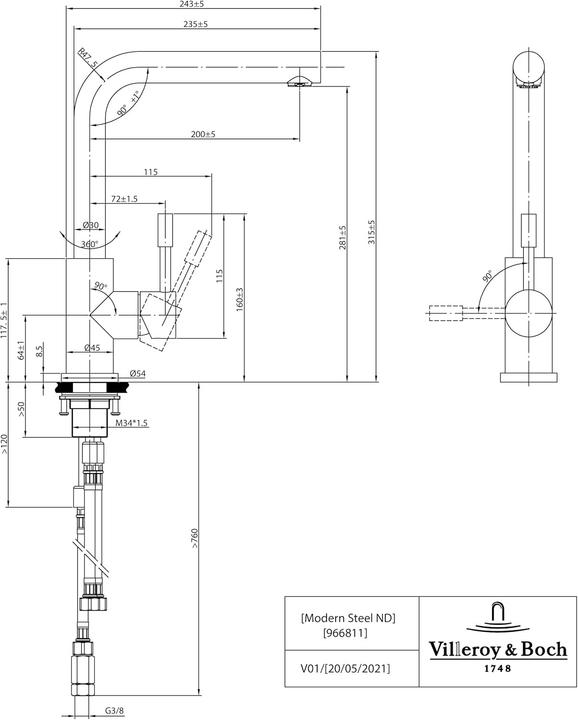 Actual product image Villeroy & Boch Modern Steel low-pressure kitchen mixer tap, stainless steel