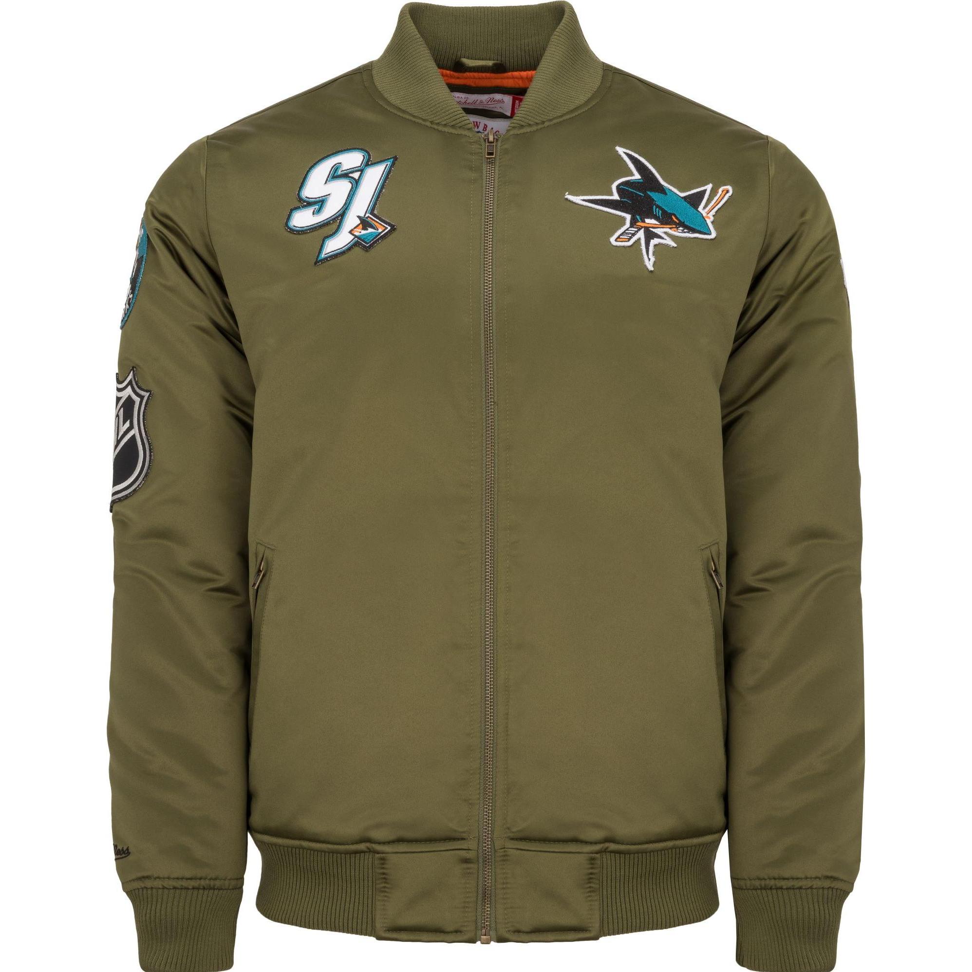 Mitchell & Ness, Herren, Jacke, M&N Satin Bomber Jacke - PATCHES San Jose Sharks - M (M), Grün, M