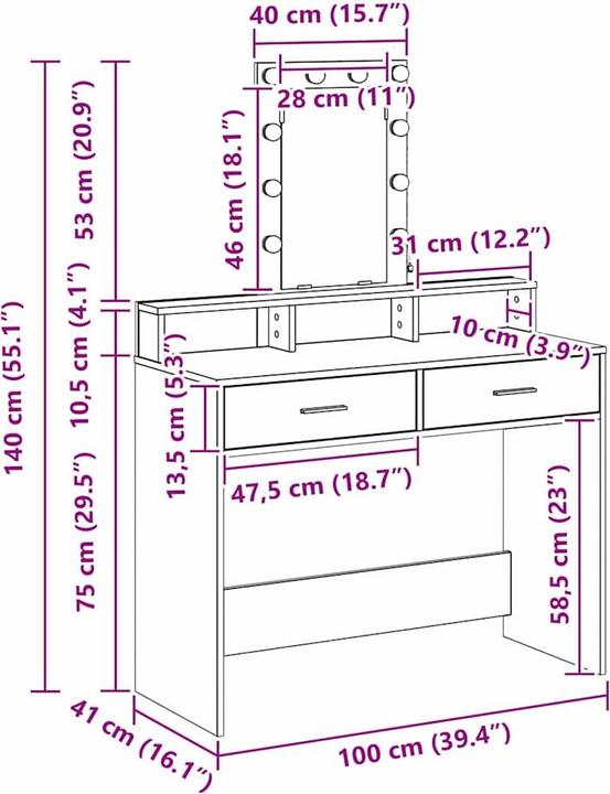 Actual product image vidaXL Schminktisch (100 x 41 x 140 cm)