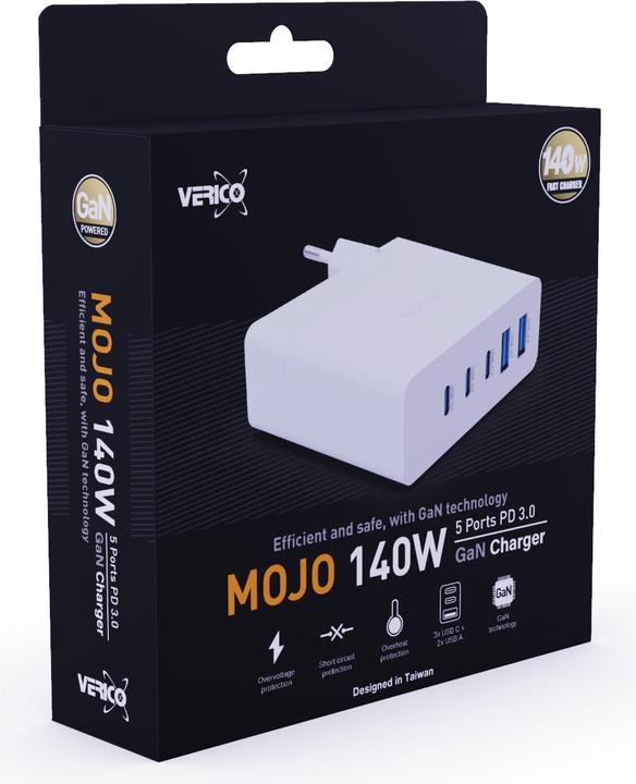 Produktbild Verico Mojo 140W GaN 5 USB-Ladegerät 140W Steckdose Ausgangsstrom (max.) 3250mA Anzahl Ausgänge: 5 (140 W, 5 Ports)