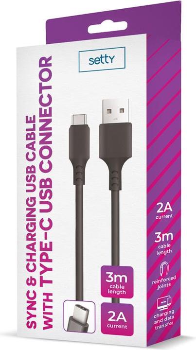 Actual product image Setty cable USB - USB-C 3,0 m 2A black NEW (3 m, USB 3.0, 10 W)