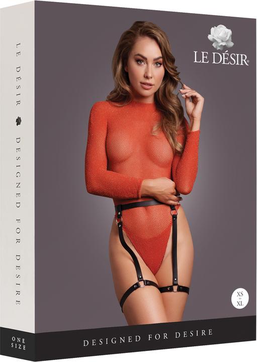 Productafbeelding Le Désir Shimmering Open-Back Bodysuit with PU Leather Garters - One Size - Red/Gold Glitter (Eén maat voor iedereen)