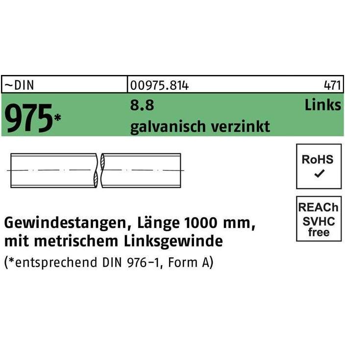 Zubehör Befestigungstechnik, Gewindestange DIN 975 links M 30 -LH x 1000mm 8.8 galvanisch verzinkt