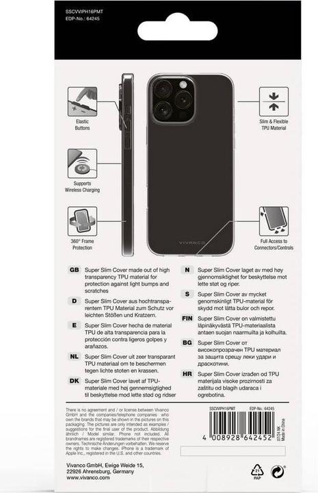 Immagine prodotto Vivanco Cover SUPER SLIM per iPhone 16 Pro Max, trasparente (Apple iPhone 16 Pro Max)