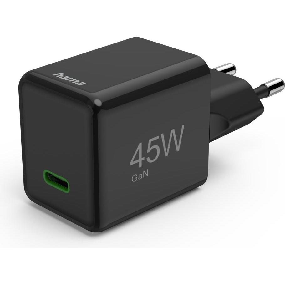 Hama Schnellladegerät, USB-C, PD/QC/GaN, Super-Mini-Charger, 45 W, Schwarz (45 W), USB Ladegerät, Schwarz