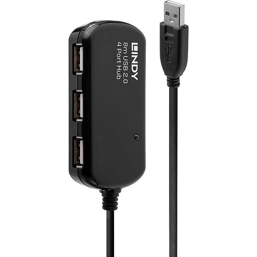 Thumbnail - Lindy USB 2.0 Aktiv-Verlaengerung Pro 8m inklusive 4 Port USB-Hub (USB-A, 4 Ports), Dockingstation + USB Hub, Schwarz