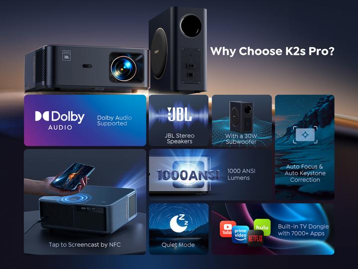 Image du produit Yaber Projektor K2s Pro - 1920 x 1080 - 1000 ANSI lumens (Full HD, 800 lm, 1.3:1)